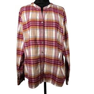 LL Bean Shirt Womens XL Plaid Flannel Button Up Band Collarless Outdoors Preppy